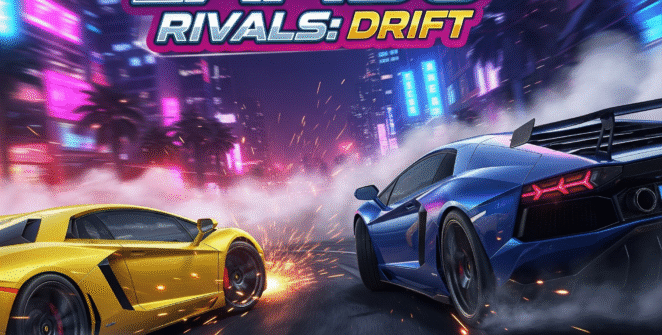 Two high-performance Lamborghinis drifting in a neon-lit city at night, showcasing intense racing action. This image is perfect for drift racing game visuals, car game art, fast car backgrounds, and gaming headers.