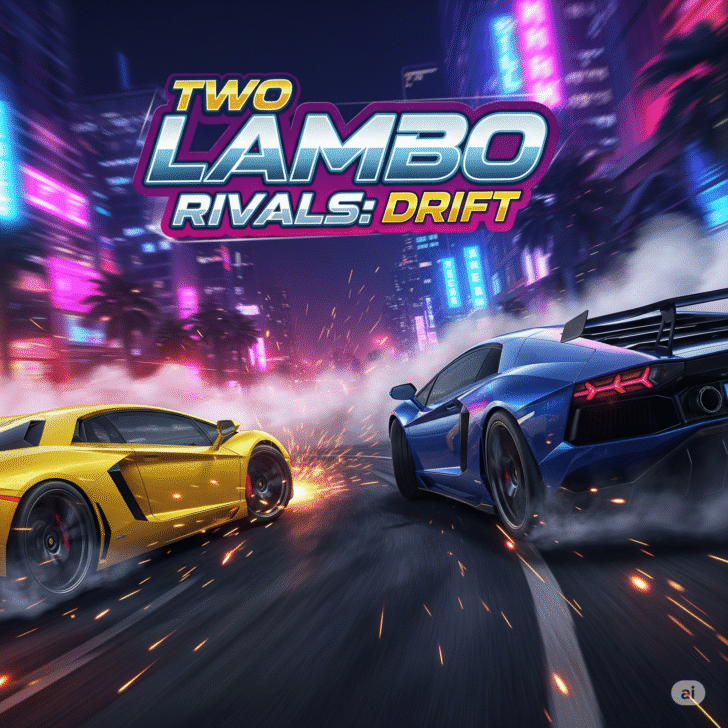 Two high-performance Lamborghinis drifting in a neon-lit city at night, showcasing intense racing action. This image is perfect for drift racing game visuals, car game art, fast car backgrounds, and gaming headers.