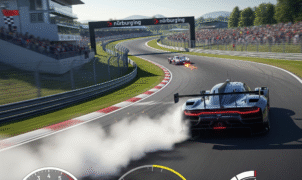 High-speed Nürburgring gameplay screenshot, realistic racing simulation with detailed car models and track visuals, perfect for racing game enthusiasts and motorsport fans. Experience the thrill of Nürburgring lap records.