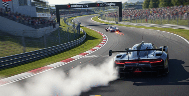 High-speed Nürburgring gameplay screenshot, realistic racing simulation with detailed car models and track visuals, perfect for racing game enthusiasts and motorsport fans. Experience the thrill of Nürburgring lap records.