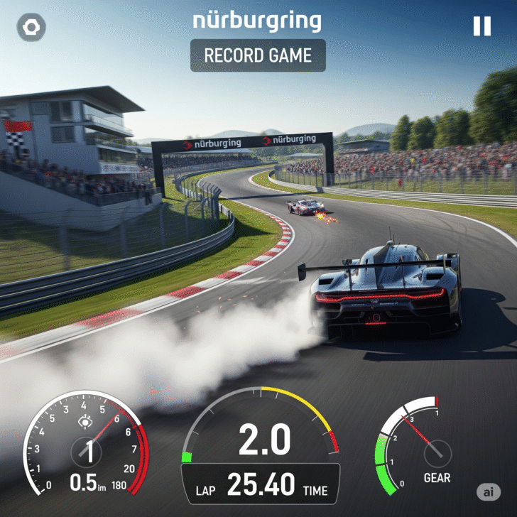 High-speed Nürburgring gameplay screenshot, realistic racing simulation with detailed car models and track visuals, perfect for racing game enthusiasts and motorsport fans. Experience the thrill of Nürburgring lap records.