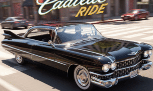 Sleek black Cadillac cruising through a vibrant city street, perfect for classic car enthusiasts and luxury driving game fans.