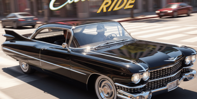 Sleek black Cadillac cruising through a vibrant city street, perfect for classic car enthusiasts and luxury driving game fans.