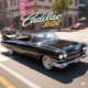 Sleek black Cadillac cruising through a vibrant city street, perfect for classic car enthusiasts and luxury driving game fans.
