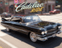 Sleek black Cadillac cruising through a vibrant city street, perfect for classic car enthusiasts and luxury driving game fans.