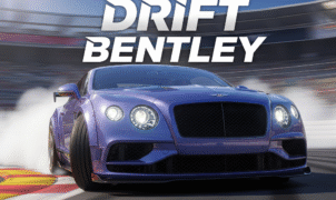 Blue Bentley Continental GT executing a high-speed drift on a racetrack with billowing tire smoke – perfect for Drift Bentley fans.”