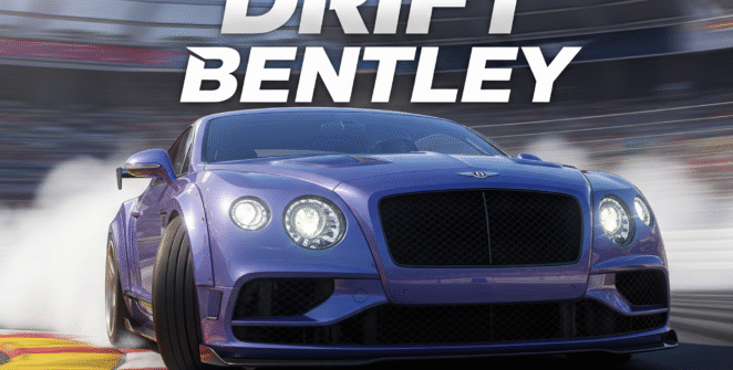 Blue Bentley Continental GT executing a high-speed drift on a racetrack with billowing tire smoke – perfect for Drift Bentley fans.”