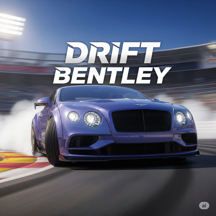 Blue Bentley Continental GT executing a high-speed drift on a racetrack with billowing tire smoke – perfect for Drift Bentley fans.”