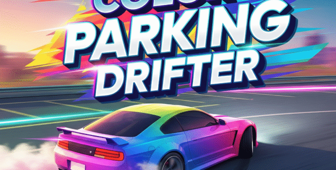 “Vibrant neon sports car drifting into a color-coded parking spot in Color Parking Drifter game”
