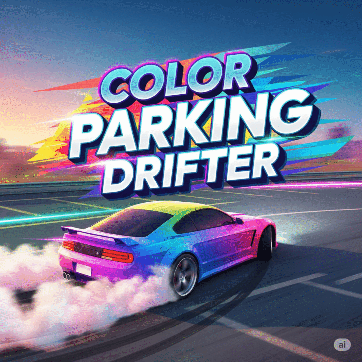 “Vibrant neon sports car drifting into a color-coded parking spot in Color Parking Drifter game”