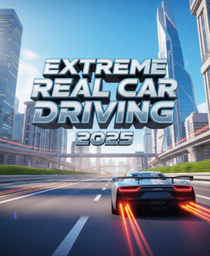 Red sports car drifting through neon‑lit city streets in Extreme Real Car Driving 2025, showcasing realistic car driving simulator physics and nitro boost.”