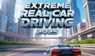 Red sports car drifting through neon‑lit city streets in Extreme Real Car Driving 2025, showcasing realistic car driving simulator physics and nitro boost.”