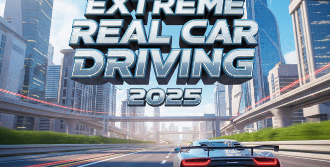 Red sports car drifting through neon‑lit city streets in Extreme Real Car Driving 2025, showcasing realistic car driving simulator physics and nitro boost.”