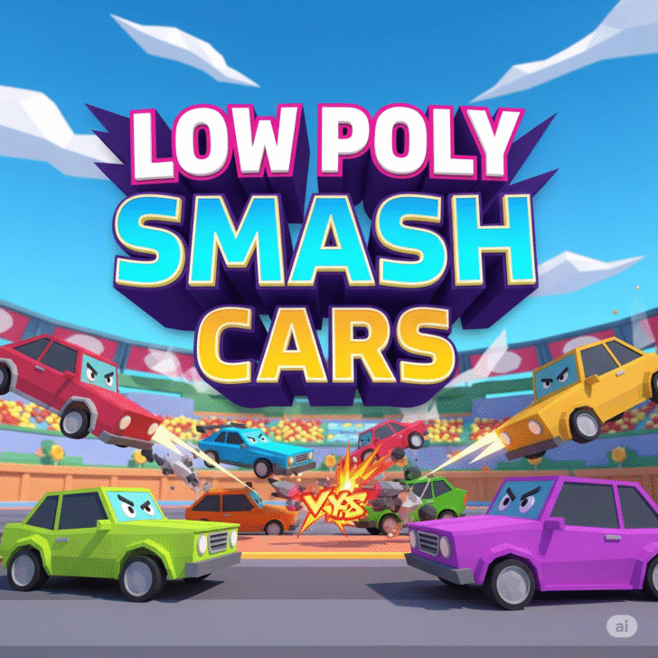 Arcade style demolition derby game art for "Low Poly Smash Cars.