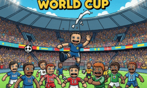 “Cartoon-style 2D soccer players battling in a Dummies World Cup online multiplayer match”