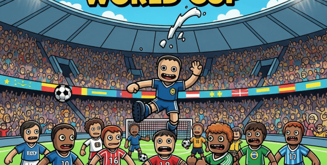 “Cartoon-style 2D soccer players battling in a Dummies World Cup online multiplayer match”