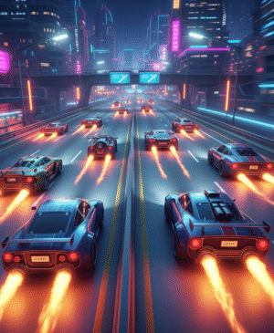A blue rocket‑powered sports car speeding down a neon highway with traffic obstacles in Rocket Cars Highway Race”