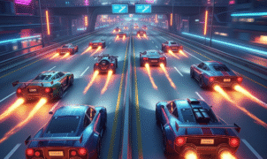 A blue rocket‑powered sports car speeding down a neon highway with traffic obstacles in Rocket Cars Highway Race”