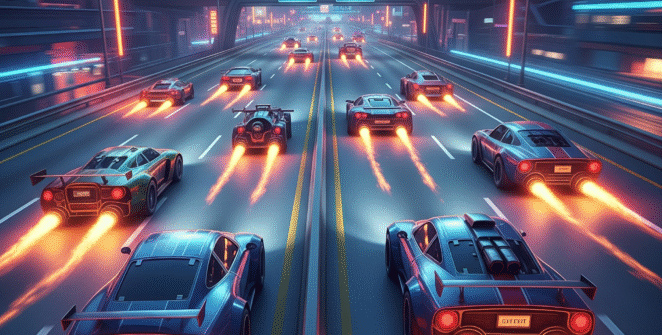 A blue rocket‑powered sports car speeding down a neon highway with traffic obstacles in Rocket Cars Highway Race”