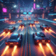 A blue rocket‑powered sports car speeding down a neon highway with traffic obstacles in Rocket Cars Highway Race”