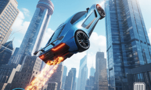 Super Car Stunt 7 gameplay screenshot, futuristic sports car mid-air stunt, dynamic city skyline background, extreme racing game visuals.