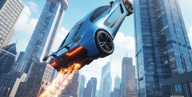 Super Car Stunt 7 gameplay screenshot, futuristic sports car mid-air stunt, dynamic city skyline background, extreme racing game visuals.