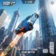Super Car Stunt 7 gameplay screenshot, futuristic sports car mid-air stunt, dynamic city skyline background, extreme racing game visuals.
