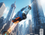 Super Car Stunt 7 gameplay screenshot, futuristic sports car mid-air stunt, dynamic city skyline background, extreme racing game visuals.