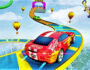 Red off‑road vehicle launching off a watery ramp in Water Surfer Car Stunt, performing a mid‑air flip over crystal‑blue waves in this high‑octane car stunt game.