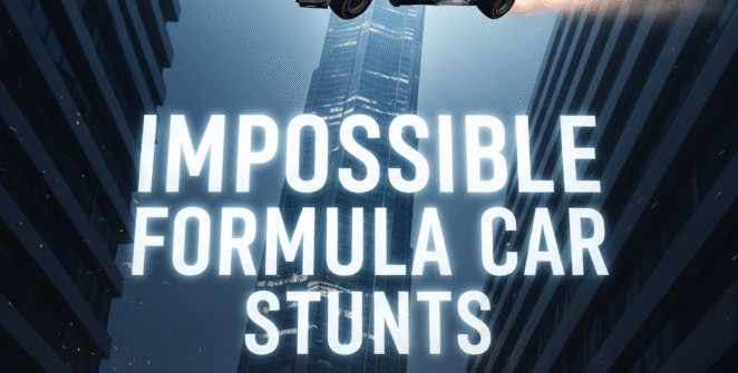 Formula car performing impossible aerial stunt between skyscrapers, Impossible Formula Car Stunts game logo.
