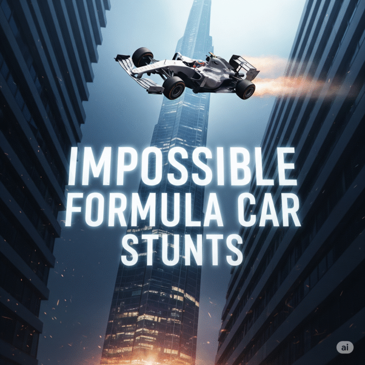 Formula car performing impossible aerial stunt between skyscrapers, Impossible Formula Car Stunts game logo.