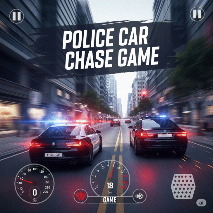 Police Car Chase Game: Patrol car speeding down a city street at night"