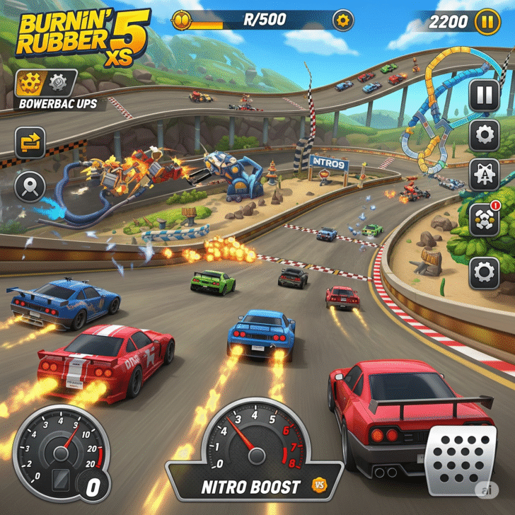 High-octane mobile racing game "Burnin' Rubber 5 XS" screenshot featuring intense car combat, nitro boosts, and vibrant track environments.