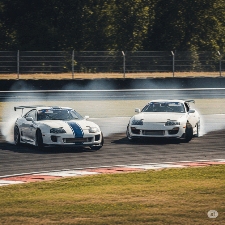 Two Supra cars drifting side by side through a neon-lit city track in a high-speed 2-player drift racing game
