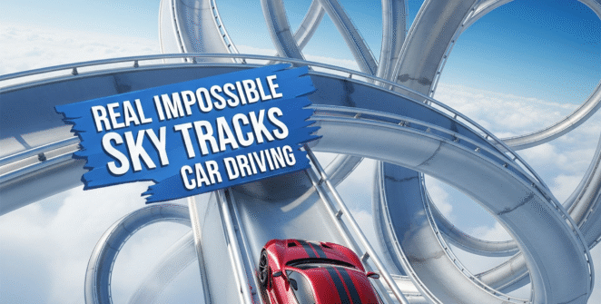 Car driving on a narrow floating track above the clouds in Real Impossible Sky Tracks Car Driving
