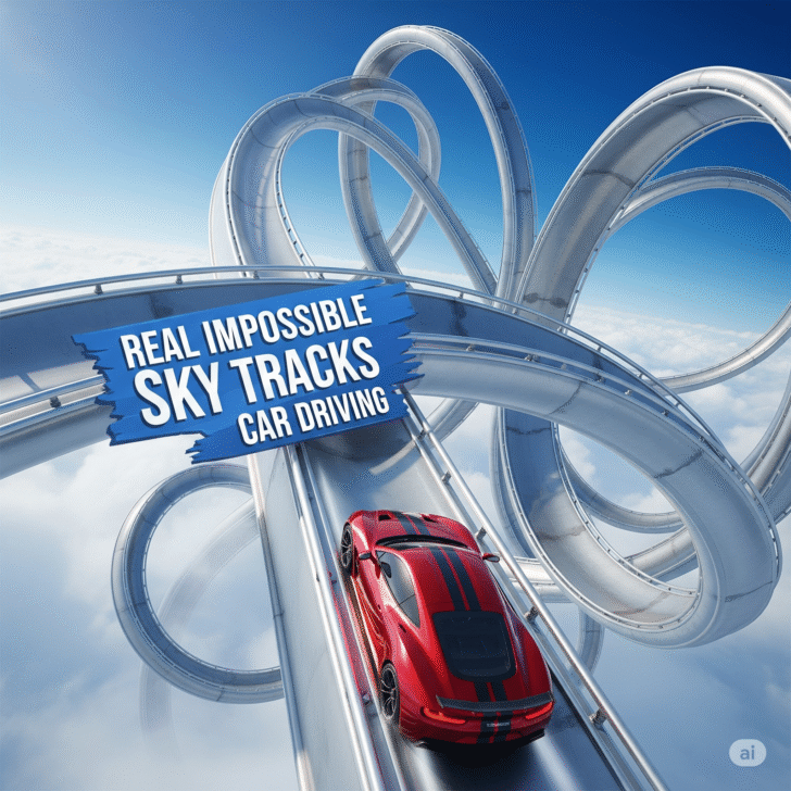 Car driving on a narrow floating track above the clouds in Real Impossible Sky Tracks Car Driving
