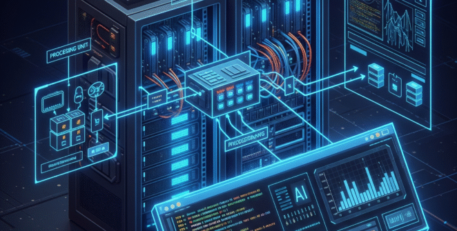 Self-hosted AI server rack with glowing blue lights, showcasing processing units, storage, and networking hardware. Futuristic diagram of data flow and machine learning algorithms on a sleek user interface.