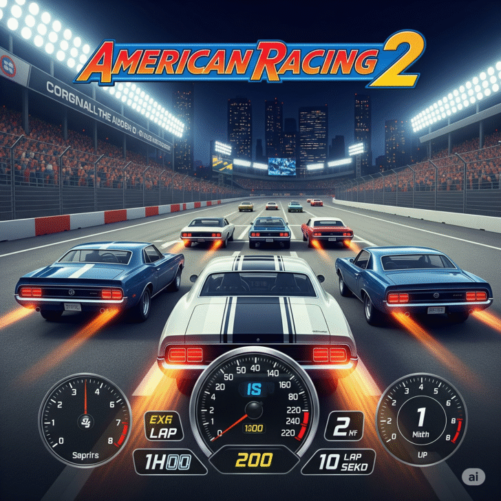 American Racing 2 high‑speed muscle car drifting on neon-lit urban track