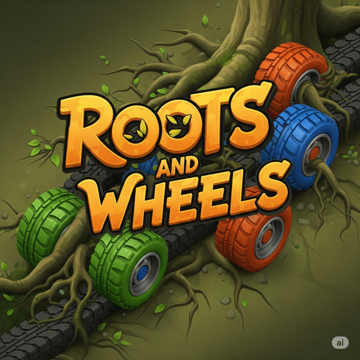 Roots and Wheels gameplay – off-road car balancing on a rocky hill